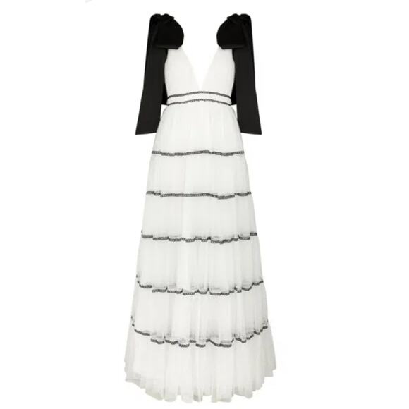 NWT $1000 ALICE AND OLIVIAJessalynn Bow Strap Tiered Maxi Gown White Sz 2 XS - Picture 1 of 16